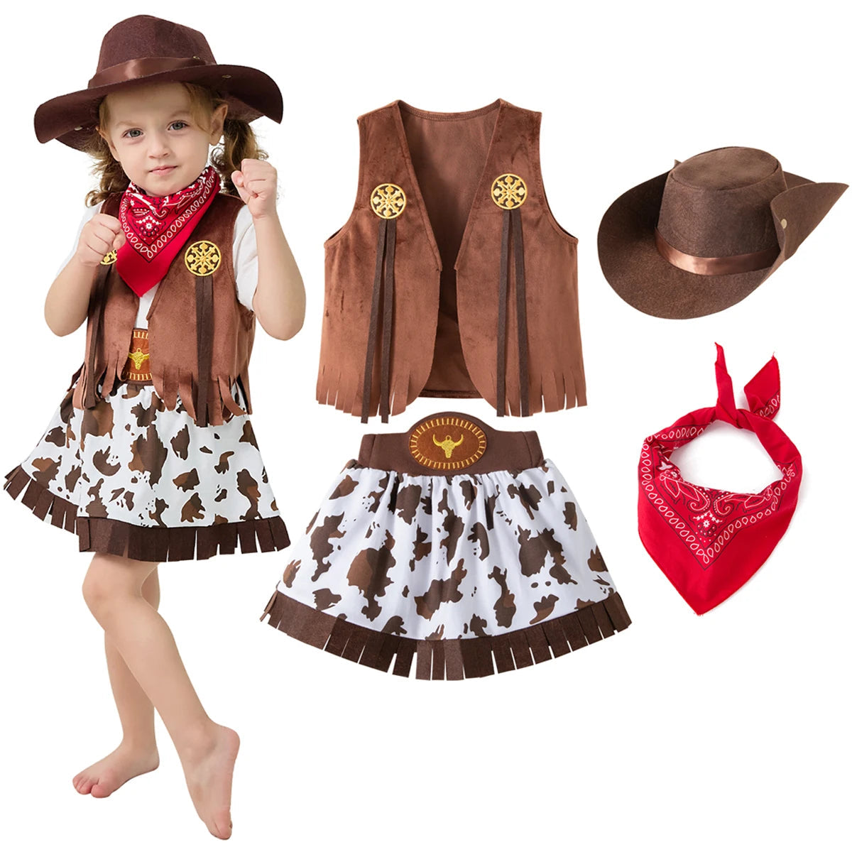 Cowboy Costume for Girls Purim Halloween Toddler Child Cowgirl Cosplay Vest Skirt Party Fancy Dress Carnival Birthday Clothes Quick Pick Grocers