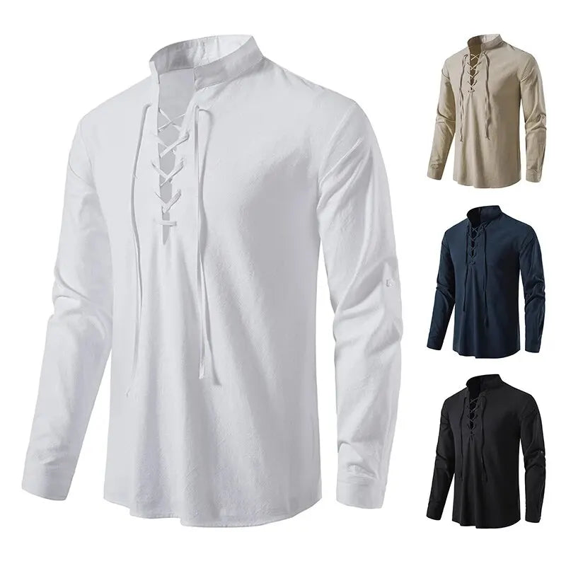 King Billion Men's Shirts Casual Men Cotton Linen Long Sleeve T-shirt Spring Autumn Vintage Shirt US Size Drawstring Neck Quick Pick Grocers