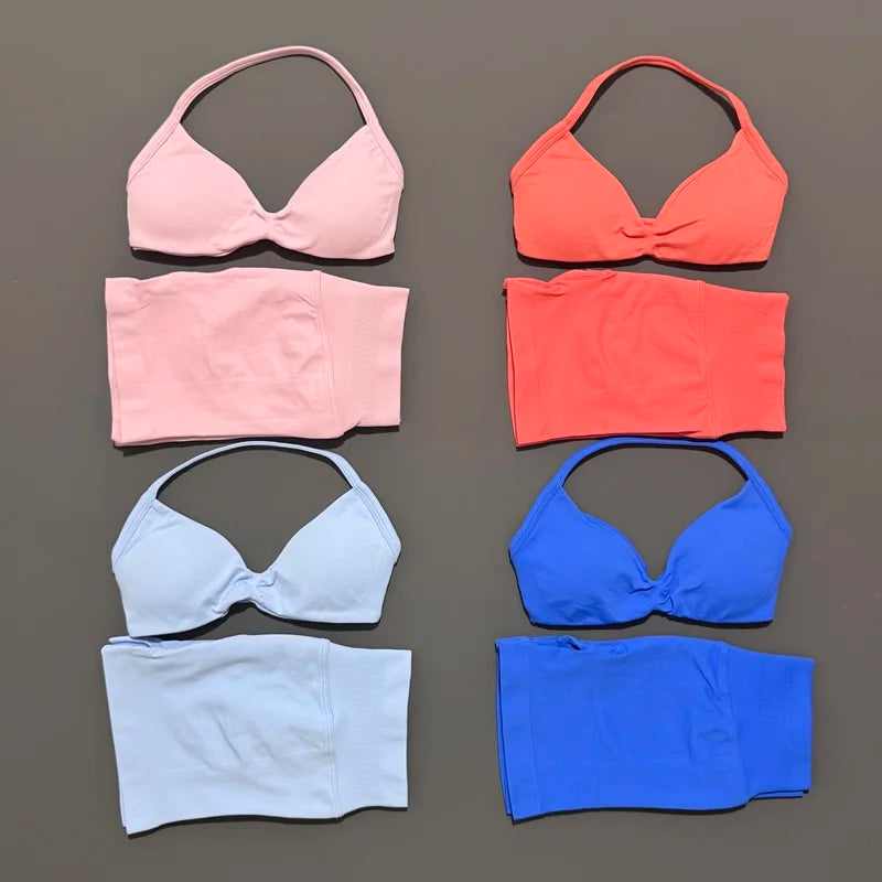HISTELLO Gym Set 2 Piece Women Strappy Yoga Bra Top Workout Scrunch Shorts Sports Suit Fitness Clothes Seamless Yoga Set Quick Pick Grocers