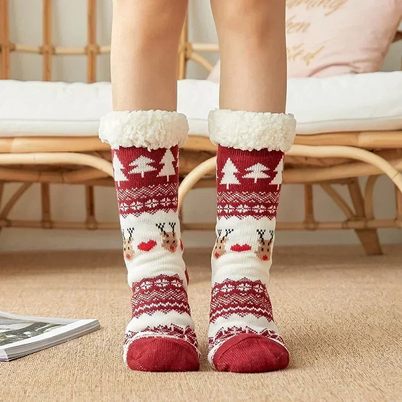 Christmas Gift Slipper Socks Women Thermal Winter Warm Plush Non slip Grip Sleeping Floor Short Sock Fuzzy Fluffy Female Cartoon Quick Pick Grocers