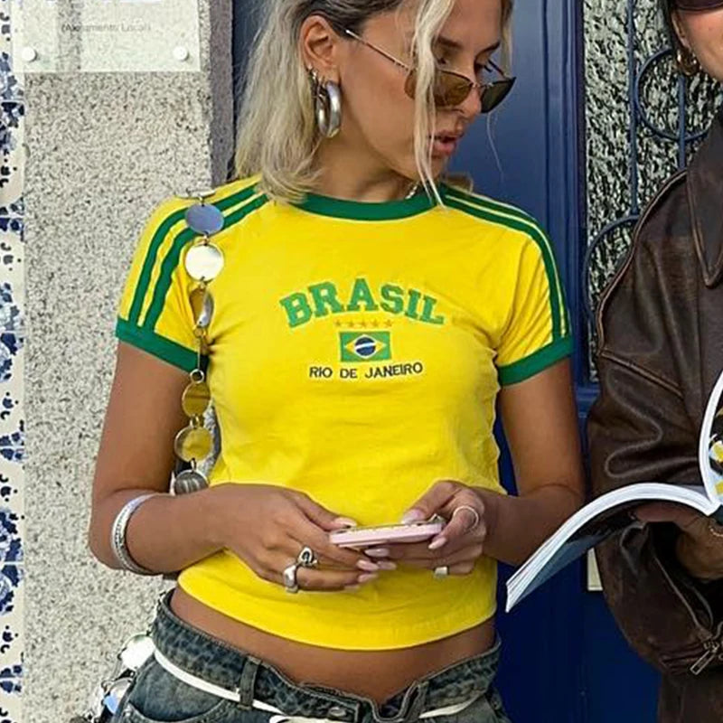 2023 Summer T-shirt For Women Brazil Letter Aesthetic 90's Crop Tops Casual Short Sleeve Tee Kpop Streetwear Vintage Y2k Clothes Quick Pick Grocers