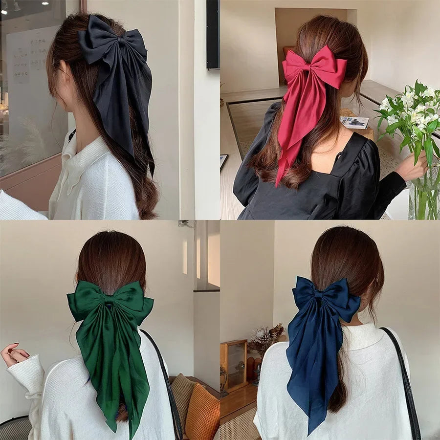 Korean Accessories Hair Clips for Women Girls Big Bowknot Solid Satin Long Ribbon Bows Spring Clamp Barette Cheveux Femme 2023 Quick Pick Grocers