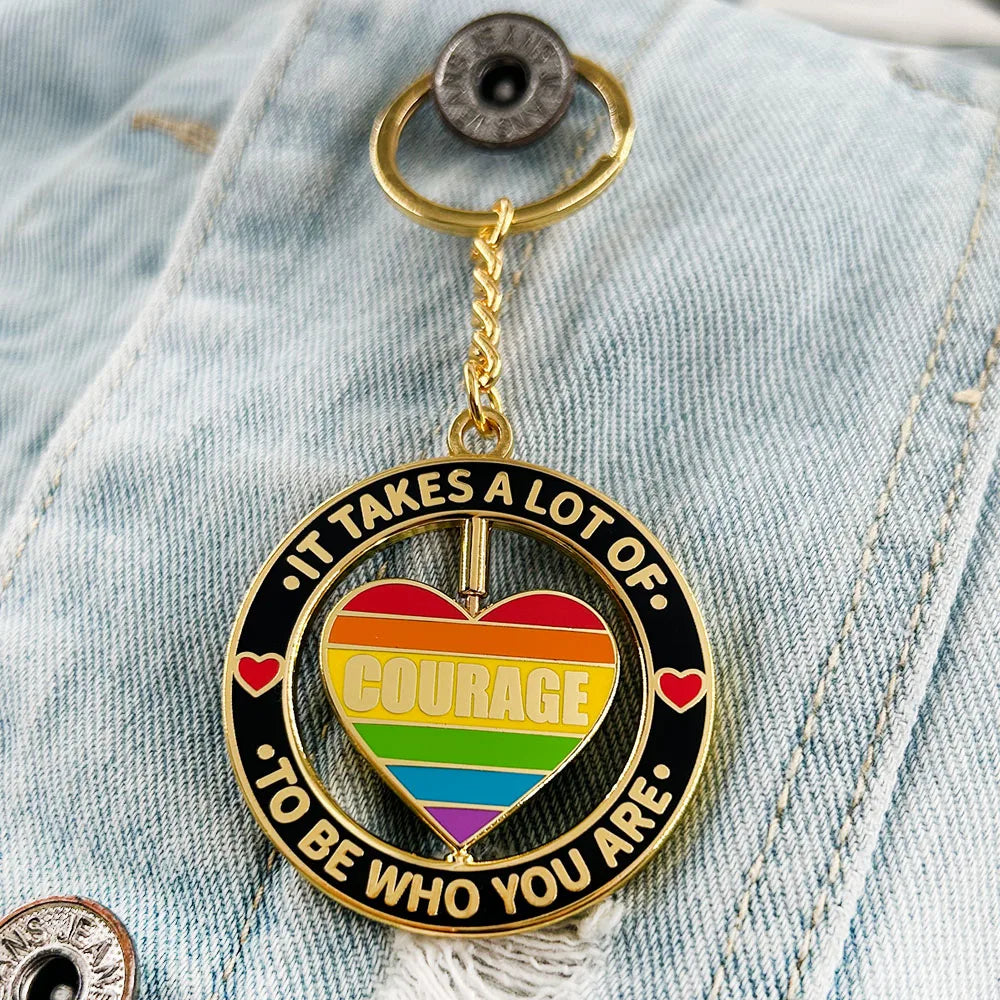 Courage Rotating Keychain Gay Pride Rainbow Key Ring LGBTQ Pendant It Takes A Lot Of Courage To Be Who You Are Quick Pick Grocers