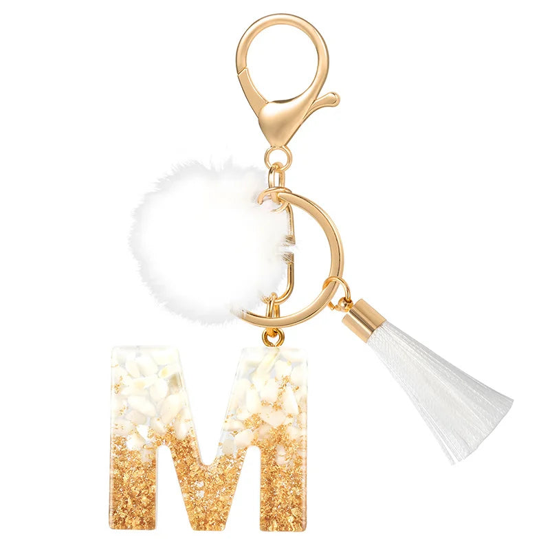 Creative Resin Initials White Fringe Fur Ball Women Keychain A-Z Letter Pendant Handbag Decor Car Key Ring Jewelry Gift Quick Pick Grocers