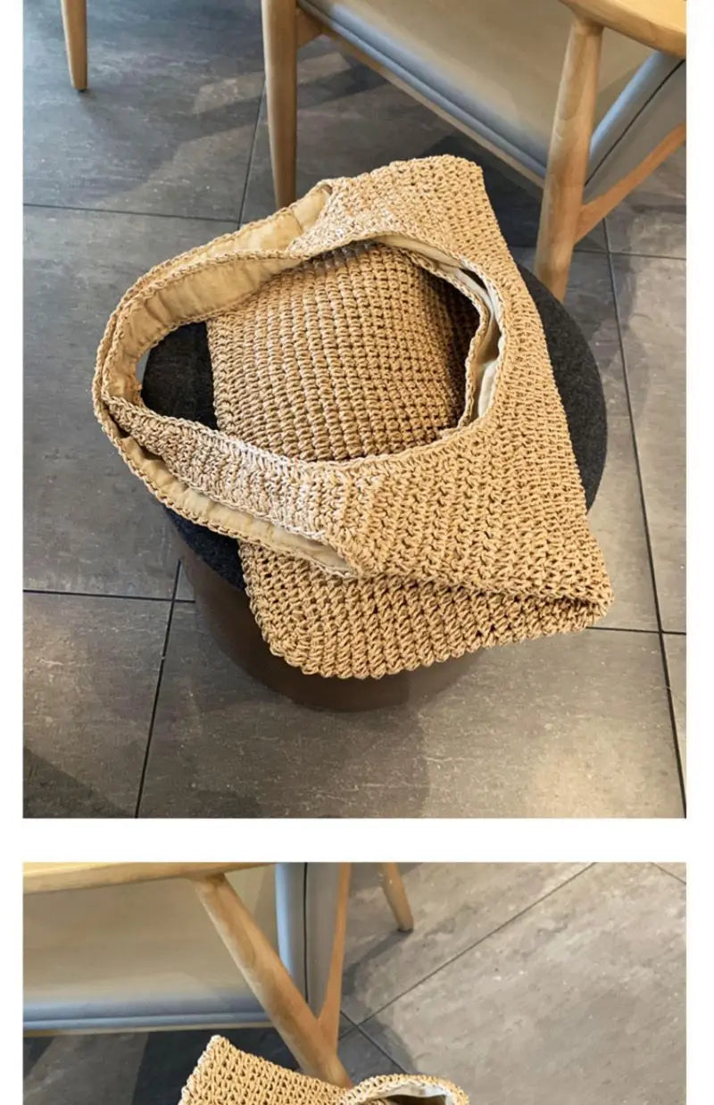 French Style Large Capacity Woven Straw Woven Bag for Women New Beach Vacation Shoulder Bag Casual Commuting Tote Bag Purse Quick Pick Grocers
