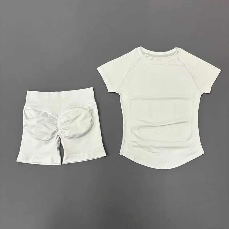 2 Pcs HISTELLO Sports Gym Sets Short Sleeve Seamless Yoga Clothing Fitness Set Women Workout Running Sports Short Leggings Suit Quick Pick Grocers