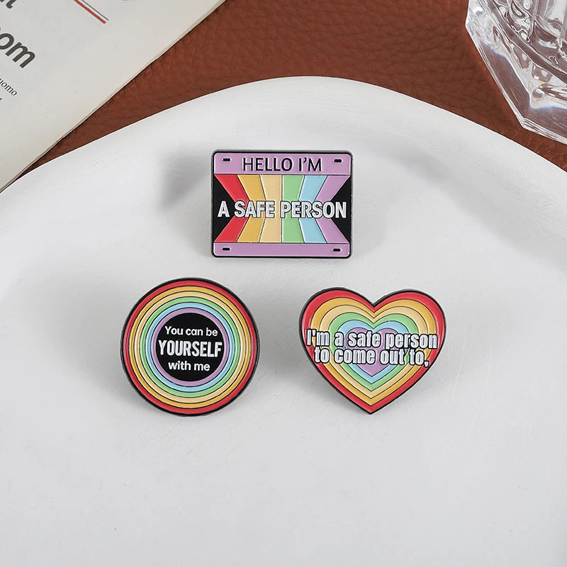 LGBTQ Pride Collect You Are Safe With Me Enamel Pins Rainbow Spaceship UFO Shield Cat Brooches Lapel Badges Jewelry Lover Gifts Quick Pick Grocers