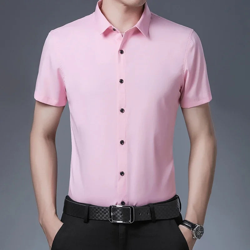 Men's Business Casual Solid Color Short Sleeved Shirt Non Ironing Comfortable Top Quick Pick Grocers