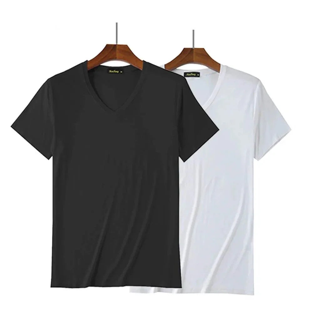 2 Packs Bamboo Fiber Round Neck T-shirts Short Sleeve Classic Tees Sweat-absorbent Gym Man Undershirt Solid Color Tee Black New Quick Pick Grocers