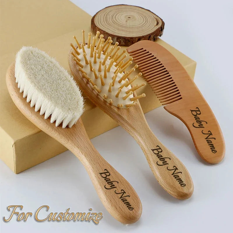 Personalized Wooden Baby Brush Custom Name Baby Wool Comb New Born Hair Brush Infant Head Massager Bath Brush Comb for Kids Purest Peak