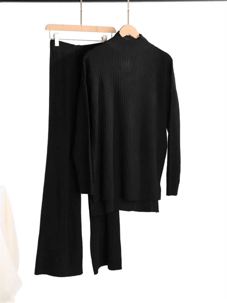 Autumn Winter 2 Pieces Women Sets Knitted Tracksuit Turtleneck Sweater and Straight Jogging Pants Suits Quick Pick Grocers
