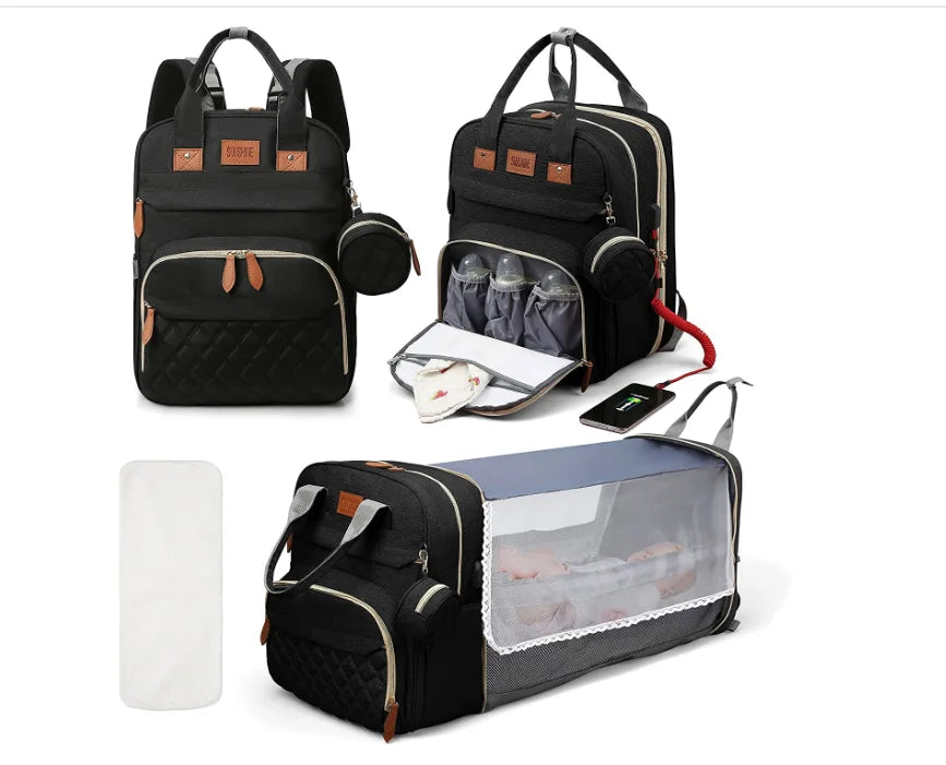 3 In 1 Diaper Bag Backpack Foldable Baby Bed Waterproof Travel Bag with USB Charge Diaper Bag Backpack with Changing Bed 3 types Purest Peak
