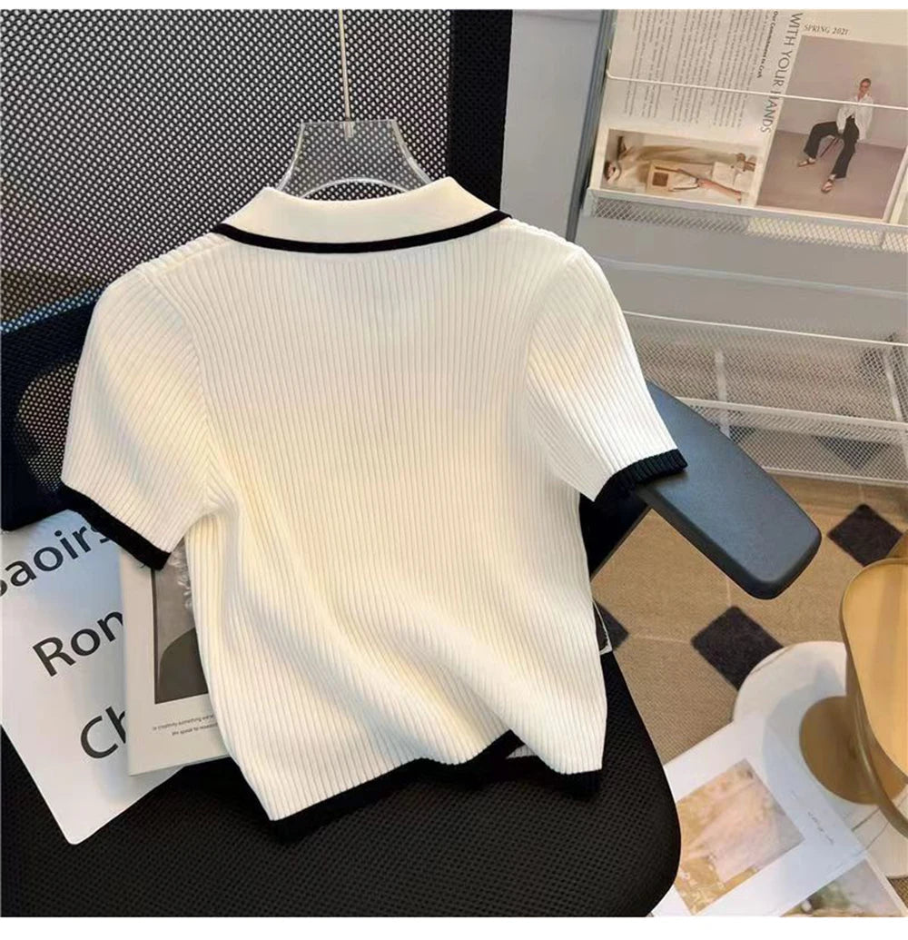 Ice silk knitted short sleeved T-shirt for women's summer 2024 new fashionable and stylish polo shirt top Quick Pick Grocers