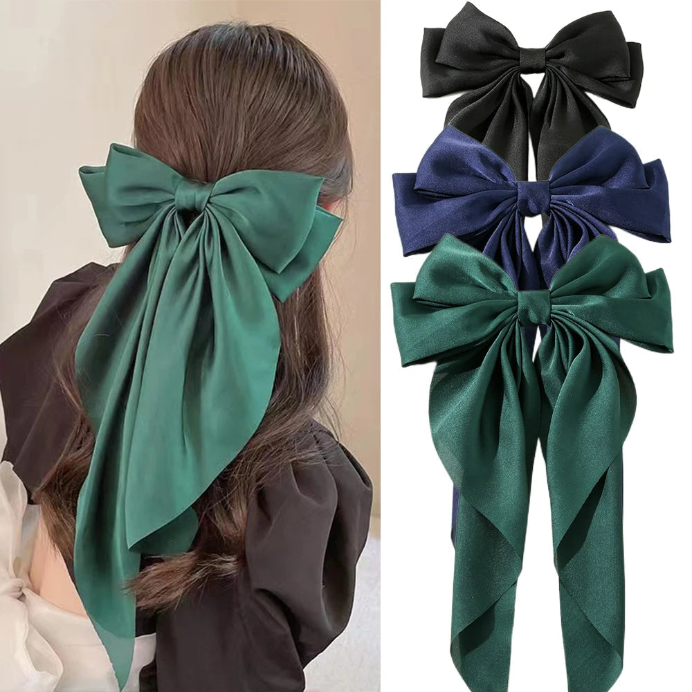 Korean Accessories Hair Clips for Women Girls Big Bowknot Solid Satin Long Ribbon Bows Spring Clamp Barette Cheveux Femme 2023 Quick Pick Grocers