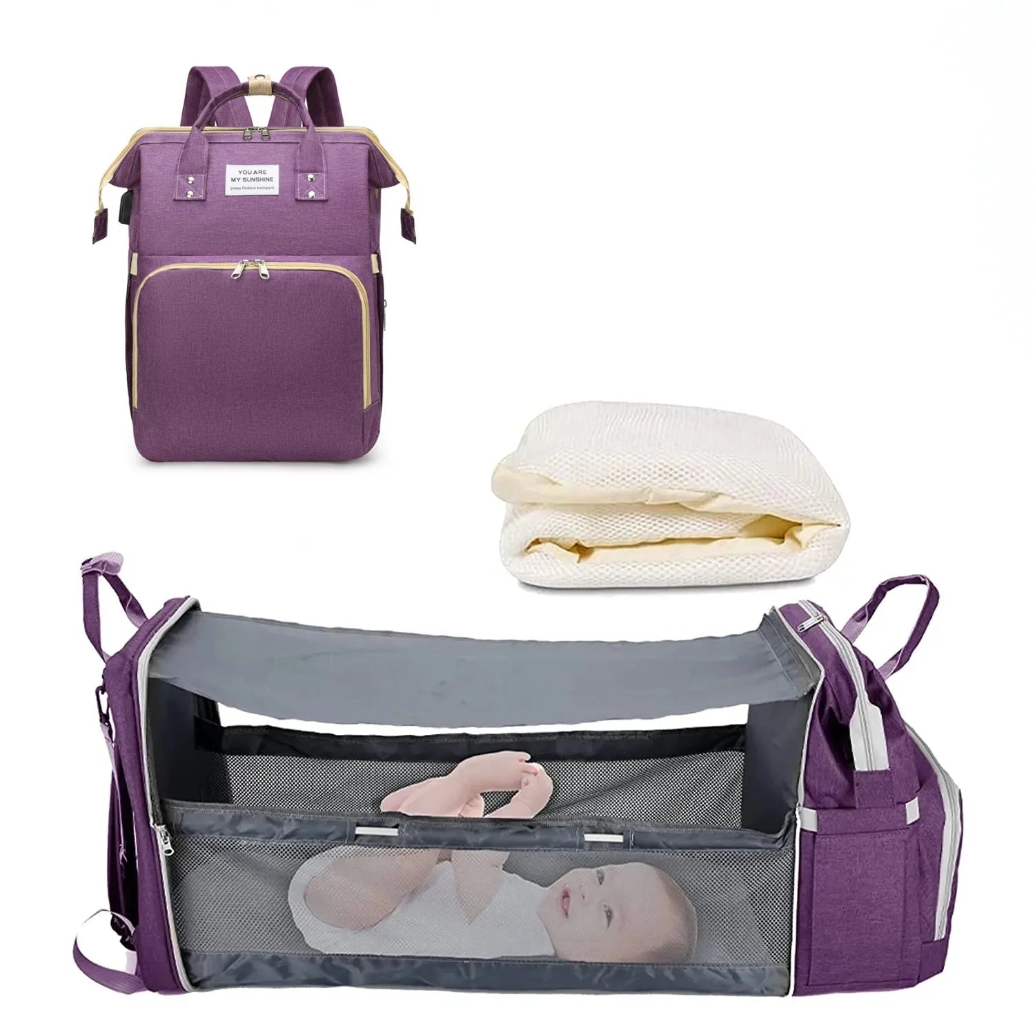 3 In 1 Diaper Bag Backpack Foldable Baby Bed Waterproof Travel Bag with USB Charge Diaper Bag Backpack with Changing Bed 3 types Purest Peak