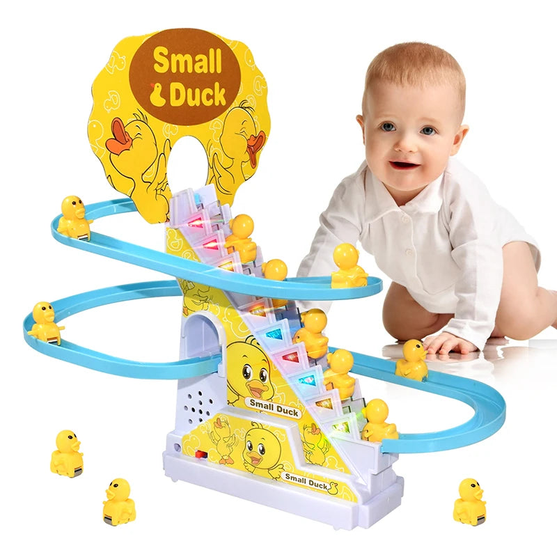 Climbing Stairs Track Toys Electric Duck DIY Rail Racing Track Roller Coaster Toys Set Light Music Educational Toy For Kids Gift Quick Pick Grocers