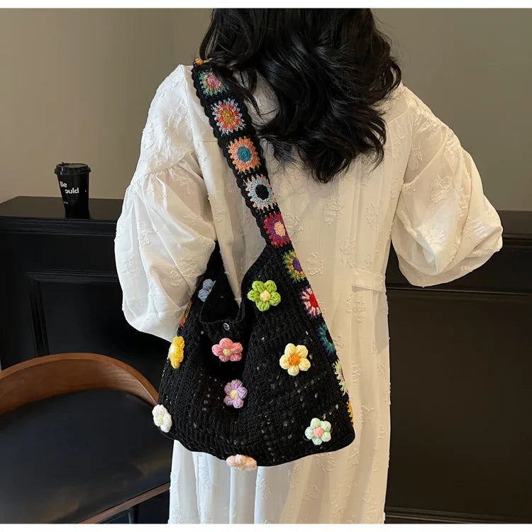 Women's Boho Crochet Bag Designer Flowers Knitted Handbags Large Capacity Summer Beach Woven Shoulder Bag Girls Tote Shopper Bag Quick Pick Grocers