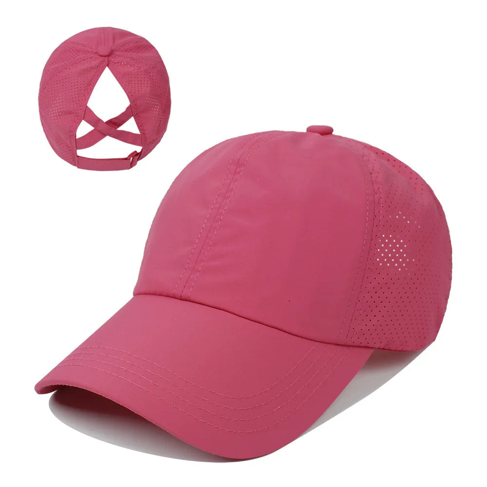 Summer Solid Color Baseball Cap Women's Athleisure Cross Ponytail Hat Mesh Quick-Drying Cap Visor Hat Quick Pick Grocers