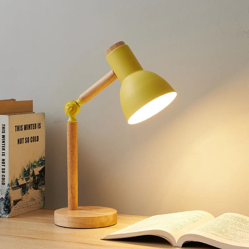 Creative Nordic Table Lamp Wooden Art LED Turn Head Simple Bedside Desk Light/Eye Protection Reading&Bedroom Study Lamp Quick Pick Grocers