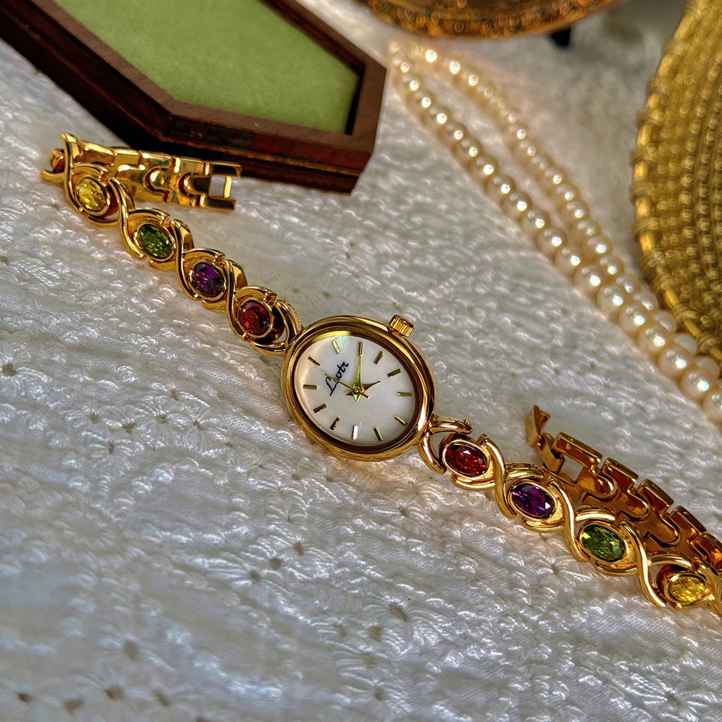 1pc New High-End Luxury Women's Watch Embedded With Colorful Tourmalines, Diamonds And An Oval Shaped Mother Of Pearl Dial. Quick Pick Grocers