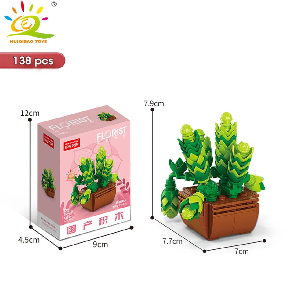HUIQIBAO MOC Flower Succulent Potted Model Building Block DIY Eternal Bouquet Home Desk Plant Decor Brick Girl Gift Children Toy Quick Pick Grocers
