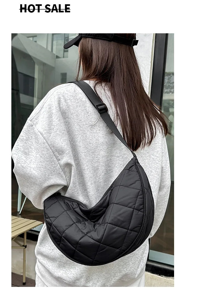 Waist Half Moon Belt Bag Solid Color Crossbody Bag Large Capacity Shoulder Bags Portable Nylon Plaid Travel Bags for Commuting Quick Pick Grocers