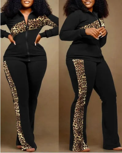 Two Piece Set Women Outfit 2023 Autumn Fashion Geometric Print Stand Collar Long Sleeve Zip Up Top & Casual Sporty Pants Set Quick Pick Grocers