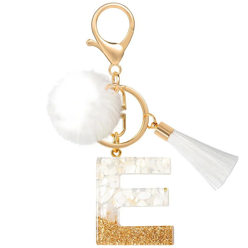 Creative Resin Initials White Fringe Fur Ball Women Keychain A-Z Letter Pendant Handbag Decor Car Key Ring Jewelry Gift Quick Pick Grocers