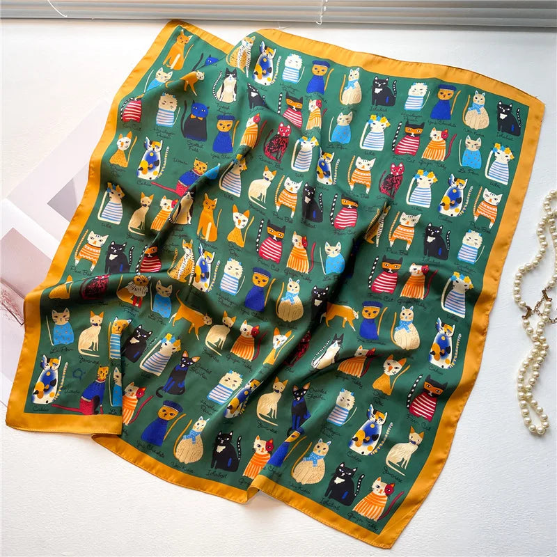 2025 Silk Shawl Print Headscarf Cat Hair Wrap Neckerchief Female Satin Square Scarf For Women Headband Foulard Hijab Bandana Quick Pick Grocers