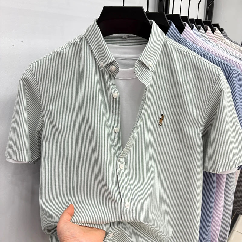 High End Brand Embroidered Striped Shirt Men's Short Sleeved Lapel Business Breathable Shirt Summer New Pure Cotton Jacket Quick Pick Grocers