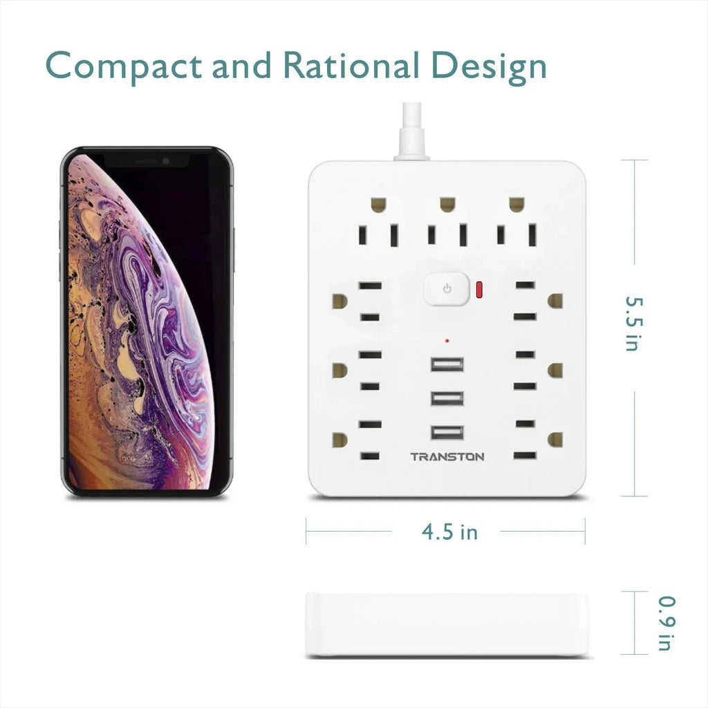 Power Outlet with Surge Protector, 9 sockets 3 USB Ports,5ft Extension Cord, Quick Charge, For Home and Office,White Econic Blanks