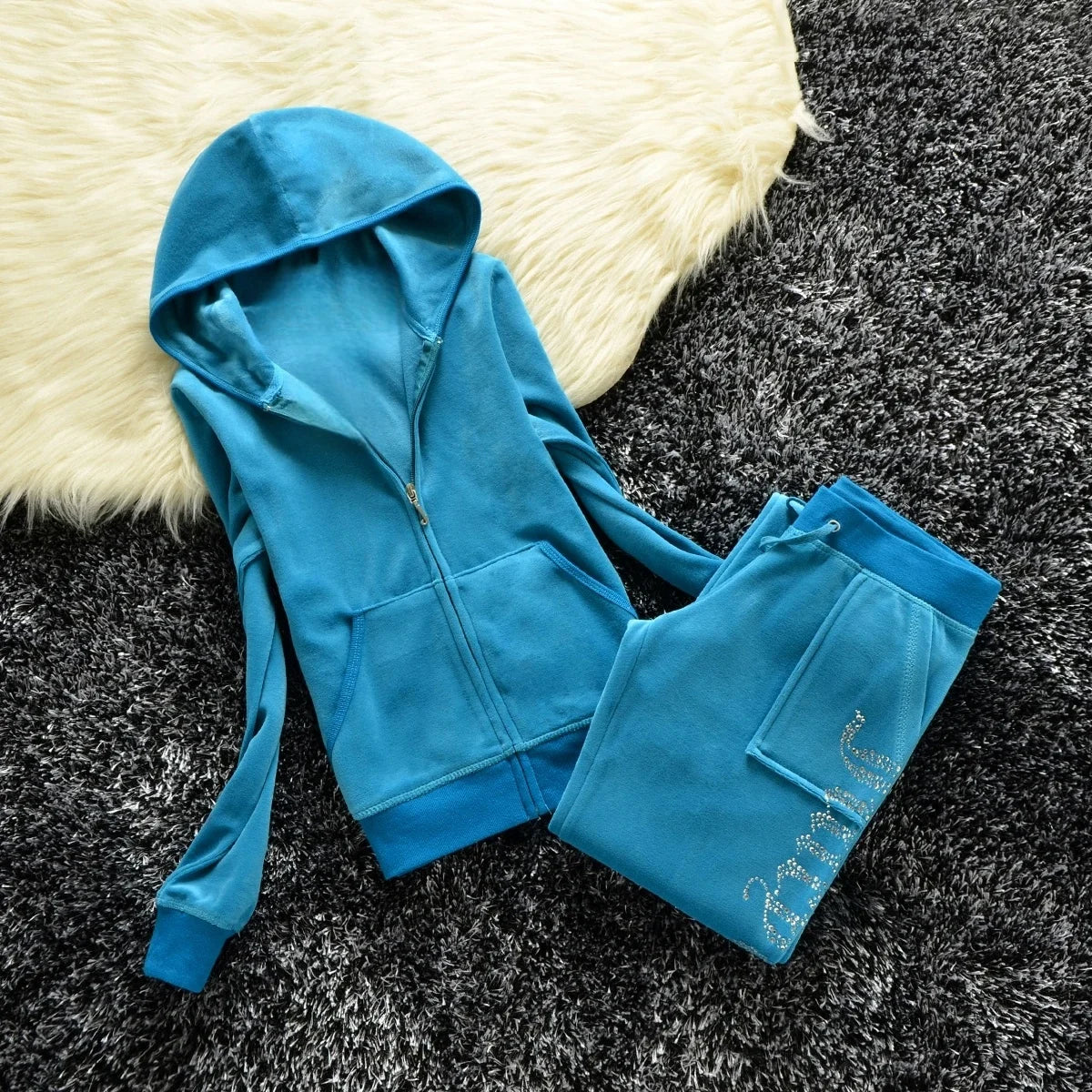 Winter Velvet Tracksuit for Women: Heavy Duty Fleece Lined Hoodie and Pants Set | Solid Color Warm Jogger Outfit Quick Pick Grocers
