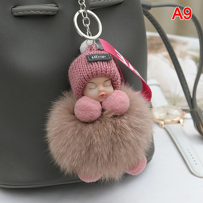 Pompom Sleeping Baby Keychain Cute Fluffy Plush Doll Keyholder Women Girl Bags Keyrings Cars Key Ring Gift Charming Decoration Quick Pick Grocers