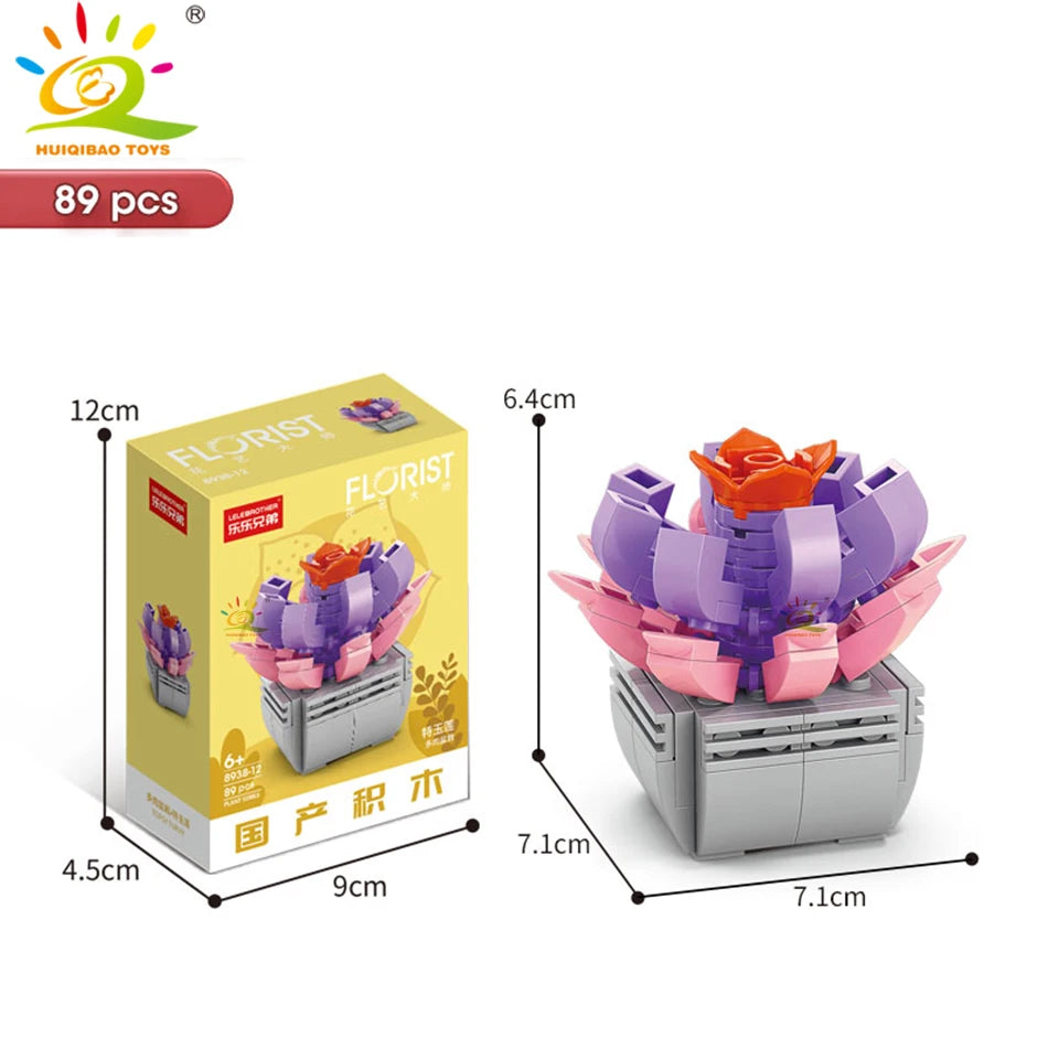 HUIQIBAO MOC Flower Succulent Potted Model Building Block DIY Eternal Bouquet Home Desk Plant Decor Brick Girl Gift Children Toy Quick Pick Grocers