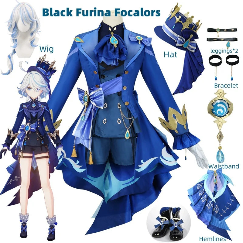 Furina Cosplay Costume Wig Hair Impact Fontaine Focalors with Hat Black Suits High Heel Cosplay Shoes for Women Outfits Quick Pick Grocers