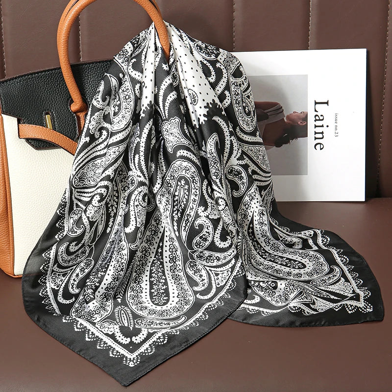 Bohemian Style Print Luxury Brand Silk Square Scarf Women Satin Shawls Neckerchief Wrap Scarves Bandana Hair Hjiab Floral Quick Pick Grocers
