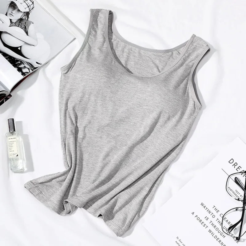 Women's Vest Tops With Built In Padded Bra Vest Slim Fit Tank Tops Sexy Shirts Feminino Casual Underlay Slimming Lingerie Top Quick Pick Grocers