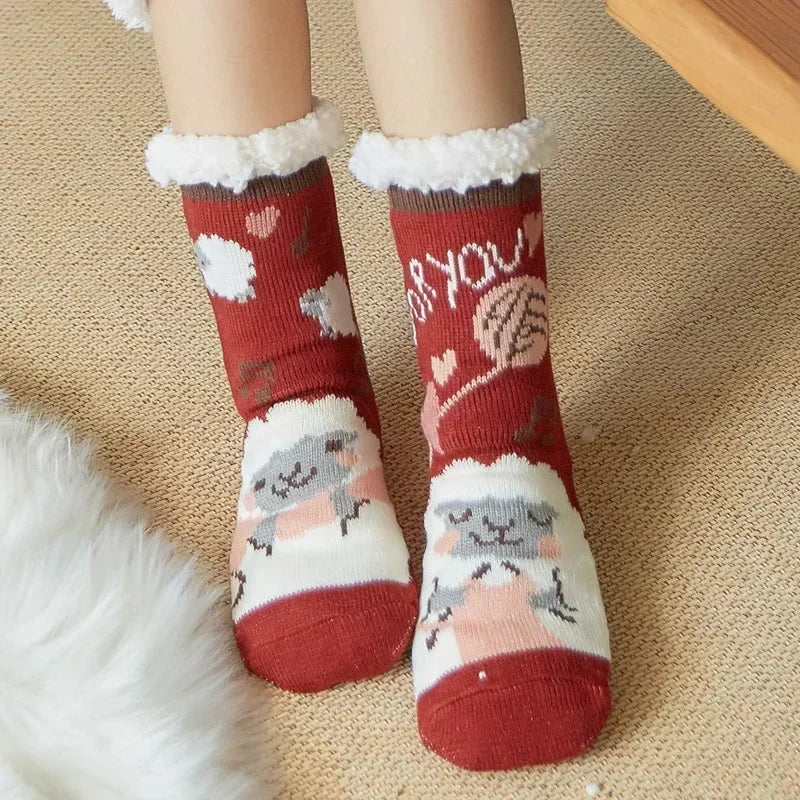Christmas Gift Slipper Socks Women Thermal Winter Warm Plush Non slip Grip Sleeping Floor Short Sock Fuzzy Fluffy Female Cartoon Quick Pick Grocers