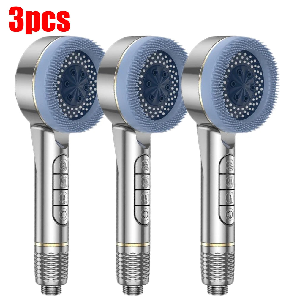 4 Modes Self-cleaning Shower Head with Silicone Brush One-Key Stop Water Massage High Pressure ABS Showerhead with Filter Quick Pick Grocers