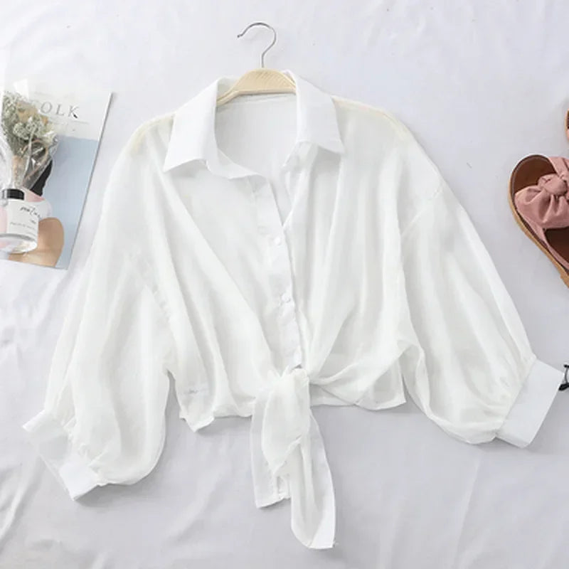 Casual Loose Hollow White Clothes Elegant Solid Color Tied Waist Blouse Women Summer Bat Half Sleeve Button Chiffon Shirt Quick Pick Grocers