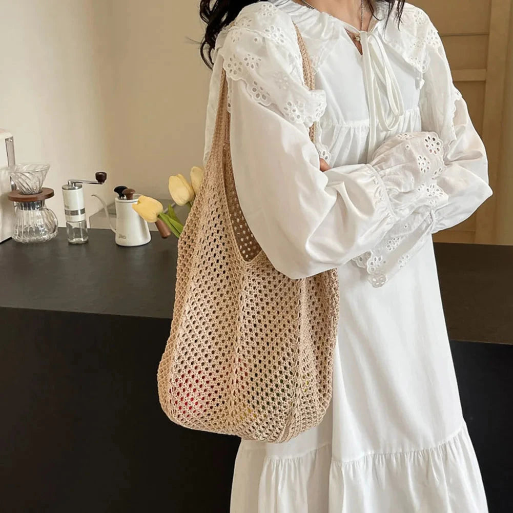 Women Knitting Shoulder Bag Large Capacity Knitting Underarm Bag Solid Crochet Tote Handbag Summer Mesh Beach Bag Hobo Bag Econic Blanks
