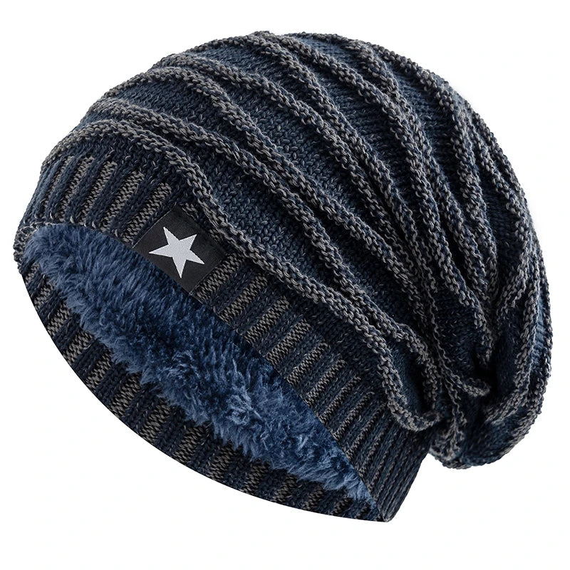 New Unisex Slouchy Winter Hats Add Fur Lined Men And Women Warm Beanie Cap Casual Five-pointed Star Decor Winter Knitted Hats Purest Peak