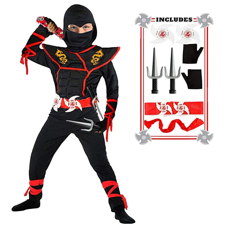 Black Ninja Costume Boy Halloween Japanese Samurai Costume Kid Anime Muscle Costume with Foam Accessories Best Children Gift Quick Pick Grocers