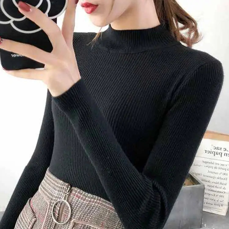 Autumn Winter Mock Neck Women Sweater Vintage Basic Solid Knitted Tops Casual Slim Pullover Korean Sweaters Simple Chic Jumpers Quick Pick Grocers