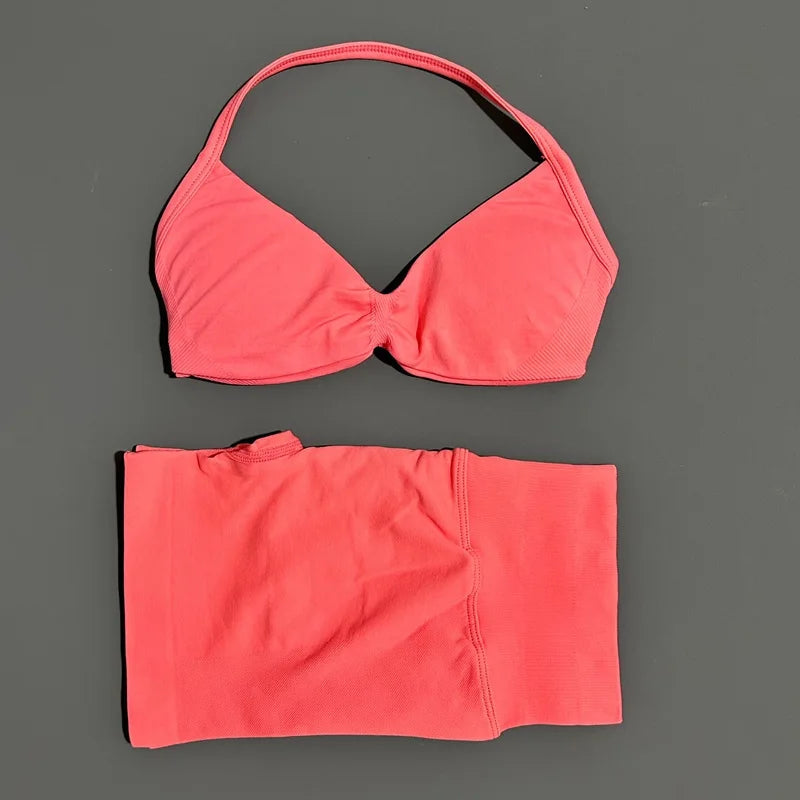HISTELLO Gym Set 2 Piece Women Strappy Yoga Bra Top Workout Scrunch Shorts Sports Suit Fitness Clothes Seamless Yoga Set Quick Pick Grocers