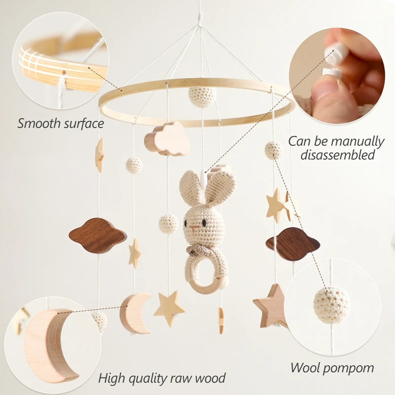 Baby Wooden Bed Bell Cartoon Rabbit Mobile Hanging Rattles Toy Hanger Crib Mobile Bed Bell Wood Toy Holder Arm Bracket Kid Gifts Purest Peak
