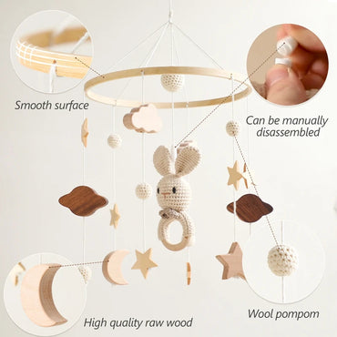 Baby Wooden Bed Bell Cartoon Rabbit Mobile Hanging Rattles Toy Hanger Crib Mobile Bed Bell Wood Toy Holder Arm Bracket Kid Gifts Purest Peak