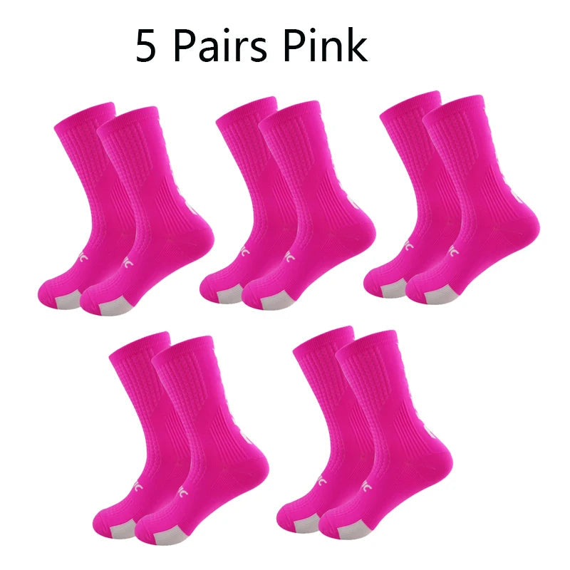 5 Pairs Cycling Socks Men Bicycle Sport Running Bike Socks Mid Tube Compression Outdoor Racing MTB Road Bike Socks Breathable Quick Pick Grocers