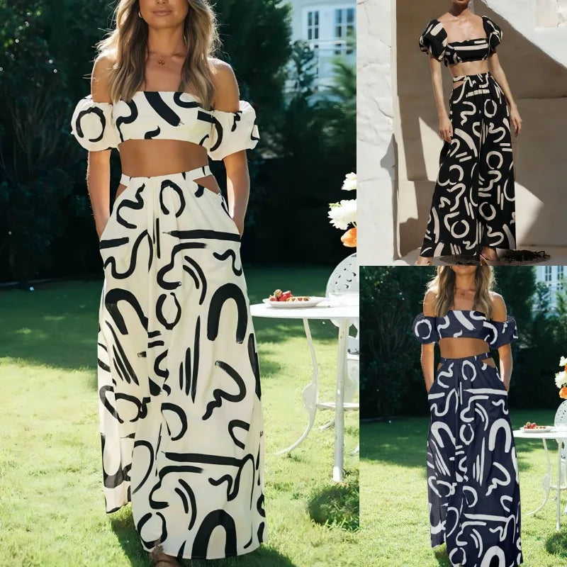 Two Piece Sets Fashion New Print Solid Color Puff Sleeve Zipper Breast Wrap Crop Top & Hollow Out Waist Big Hem Dress Suits Lady Quick Pick Grocers