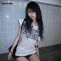 Karrram Japanese Y2k Letter Print T-shirt Trashy 2000s Style Tattoo T Shirt Vintage Harajuku Short Sleeve Sheer Tops Grunge Goth Quick Pick Grocers